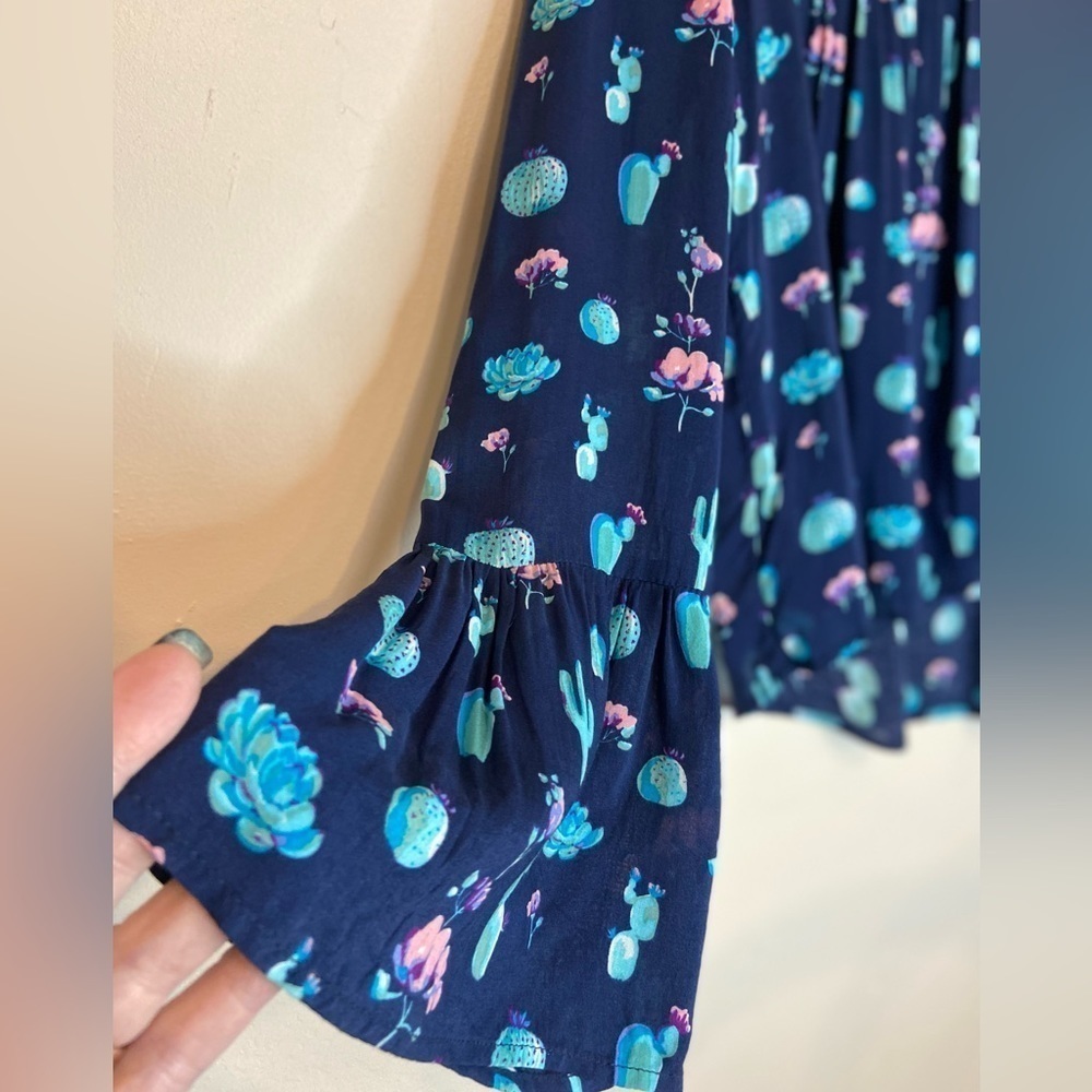 Roper~Navy Cactus Print Peasant Blouse~Empire Waist~Sheer Bell Sleeves~Size S - Picture 7 of 11
